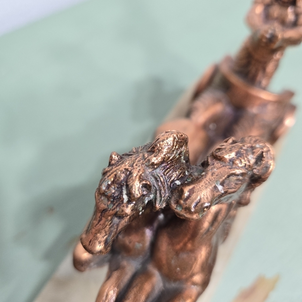 Roman Greek Soldier Warrior 2 Horse Chariot Copper Bronze Plate Marble Base - Picture 6 of 7